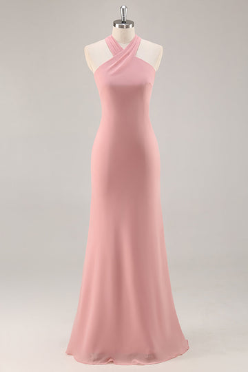 Simple Blush Halter Mermaid Chiffon Long Bridesmaid Dress with Bow